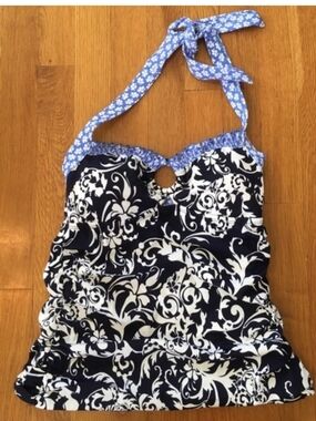 24th & Ocean Navy and White Floral Swim Tank with Blue Tie